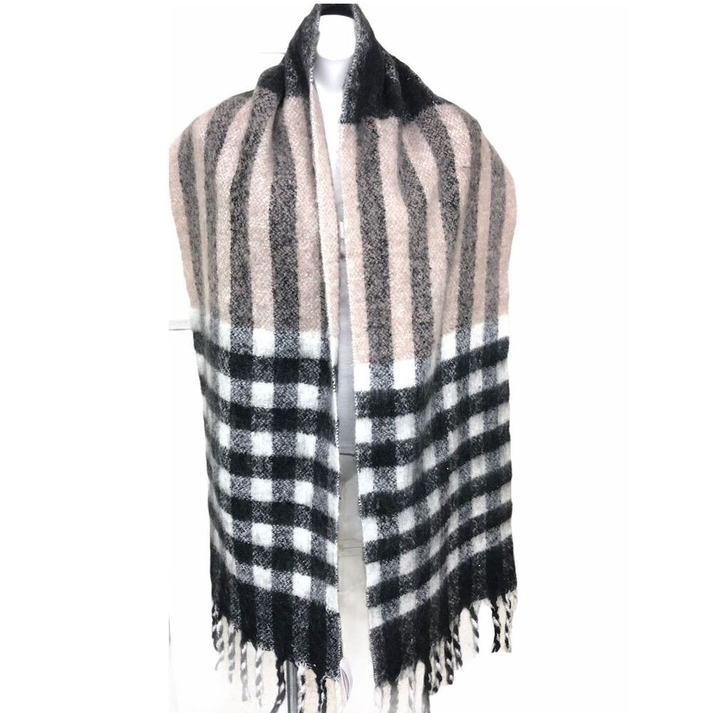 TOPSHOP Fuzzy Heavy Brush Check Scarf Black Tan White